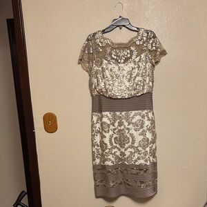 Tadashi Shoji Ivory Dress with Taupe Lace and Sequin Detail
